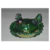 Mosser Green Carnival Glass Salt Dip Hen on Nest