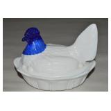 Fenton Milk Glass w/ Cobalt Blue Head Hen on Nest