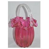 Vintage Cranberry Art Glass Melon-Shaped Basket