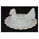 Mosser Iridescent Milk Glass Hen on Nest Dish 6.5'