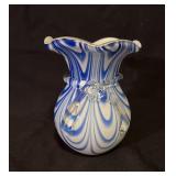 Pair Blown Glass Blue & White Swirl Vase 5.5"