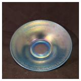 Vtg Blue Iridescent Stretch Glass Console Bowl 10"