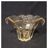 Heavy Yellow Crystal Freeform Handled Vase 8.5x5.5