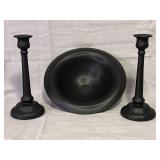 Tiffin Black Satin Glass Console Bowl & 10" Candle