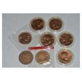 (8) Copper US Presidents Coins w/ Lincoln, Kennedy