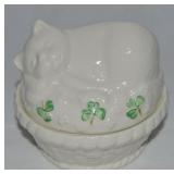 Belleek Irish Porcelain Shamrock Cat Trinket Box