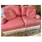 Vtg Henredon Pink Patterned & Fringed Rim Loveseat