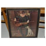 Antique Framed Little Violinist w/Dog Fine Art