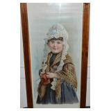 Antique Framed Girl Knitting Fine Art Litho 34.25x