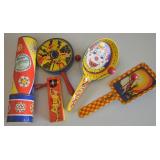 (4) Kirchof Tin Litho Noisemakers + Kaleidoscope