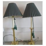 Pair Brass Candlestick Table Lamps w/ Green Shades