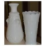 (2) Milk Glass Pcs w/ 7"t Vase + Thin Embossed