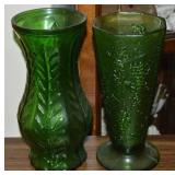 (2) Vtg Emerald Green Glass Vases up to 10" t