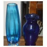 (2) Vtg Blue Art Glass Vases w/7" Octagonal