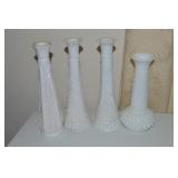 (4) Vintage Milk Glass Stem Vases 9" tallest