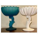 (2) Vtg Lotus Blossom Art Glass Compotes: Milk