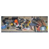 Garage Table Contents Lot: Hand Tools, Oil Cans+