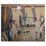 Garage Peg Board Contents Lot: Saws, Wrenches+