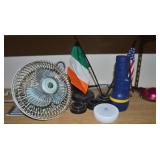 Misc Lot: Fan, Desk Light, Flag, Flashlight+