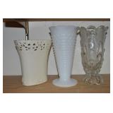 (3) Vases w/ Ceramic, Hobnail Milk Glass +