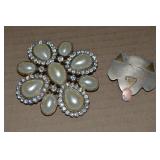 (2) Vtg Brooch Lot: Mixed Metal Dog + Faux Pearl