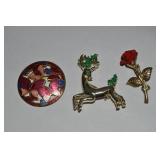 (3) Vintage Brooch Lot: Reindeer, Enamel Butterfly