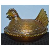 Vtg Indiana Amber Iridescent Glass Hen On Nest