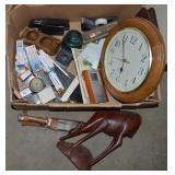 Box lot w/ Office Supplies, Carved Wood Figure (no