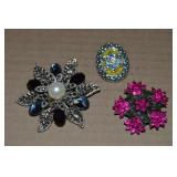 (3) Vtg-Contempo Rhinestone Flower Brooches
