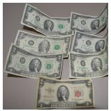 (7) US 2 Dollar Bills w/ Red Ink 1953A