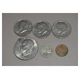 (6) US Coins: 1974D Ike Dollar, Kennedy Half +