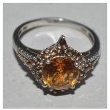 Vtg 925 STS Ring w/ Amber Color Stone Sz 9.5