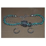 Vtg Turquoise 3 Row Silvertone Necklace & Earrings