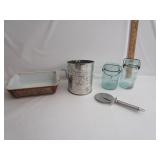 Vtg Kitchen,Pyrex,Bromwell's Sifter,Canning Jars