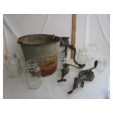 Old Tin Bucket With Canning Jars,Vtg Kitchen Items