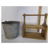 Old Tin Bucket W/Wood Caddy