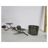 Crock W/Pine Cone Design Candle Holder