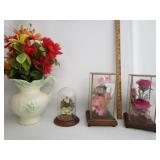 Ceramic Pitcher W/Artifical Flowers,Glass Displays