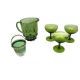 Green Glass Pitcher W/Green Wine Glasses Green Glass Pitcher W/Green Wine Glasses
