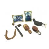 Vintage Items,Leather Flask.Horse Shoe,Pulley Vintage Items,Leather Flask.Horse Shoe,Pulley