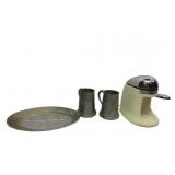 Vintage Kitchen,Pewter Serv Plate W/Mugs, Vintage Kitchen,Pewter Serv Plate W/Mugs,