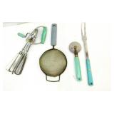 Vintage Green Handle Utensils,Hand Mixer,Pizza Cut
