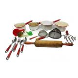 Vintage Red Handle Kitchen Tools,Rolling Pin,Pans