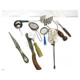 Vintage Kitchen Tools,Strainers,Knives,Masher