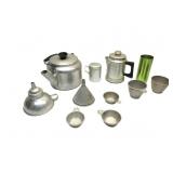 Vintage Kitchen,Alum Teapot,Meas Cups,Funnel