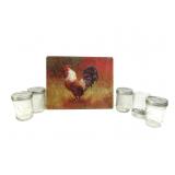 Rooster Glass Cutting Bd W/Canning Jars