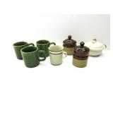 Vtg Stoneware Coffee Cups W/Sugar Cannisters