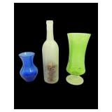 Colored Glass Vases W/Frosted Glass Bottle