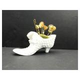 Antique Hat Pins W/Milkglass Shoe Holder Antique Hat Pins W/Milkglass Shoe Holder