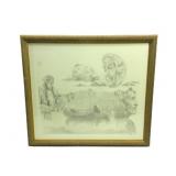 Signed Native American Drawing 21'x24' Signed Native American Drawing 21'x24'